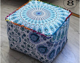 New Indian Handmade Mandala Square pouf, Bohoman Pouf, Ottoman Pouf, Shower Pouf