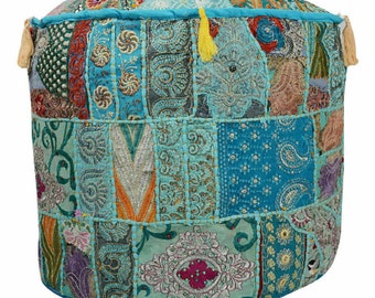 Indian Handmade Round Patchwork Pouf Stool Ottoman Handcrafted  Round Pouf