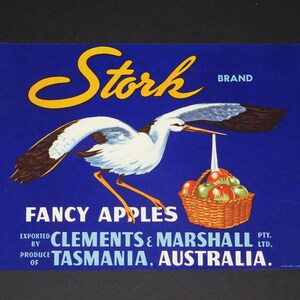 Etiqueta de caja de fruta con manzanas Stork vintage grandes y raras - Publicidad de frutas - Caja de fruta - Manzanas de Tasmania - Estilo retro - Adorno de pared para cocina -