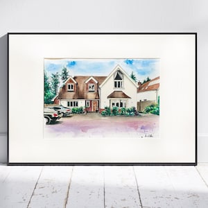 Op maat gemaakt aquarel handgeschilderd huis van gedetailleerde foto: gepersonaliseerde woningbouwillustratie, aangepaste aquarelverf en inkt