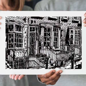 Dibujo a tinta tradicional personalizado hecho a mano a partir de una foto, pintura de arquitectura, construcción de casas, regalo en papel de alta calidad.