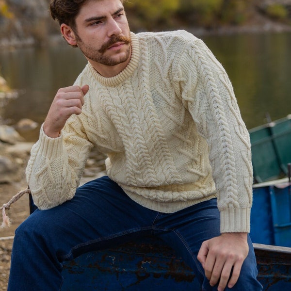 Saol Irish Aran Sweater for Men, 100% Merino Wool Fisherman Sweater,  Crew Neck Cable Knit Sweater, Ireland Knitted Jumper, Made in Ireland