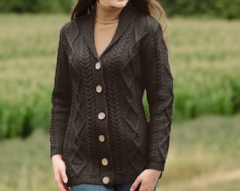 Aran Traditional Ladies Shawl Neck Cardigan Sweater for Women, V-neck Shawl Collar Cardigan for Ladies, Irish Fisherman Buttoned Cardigan