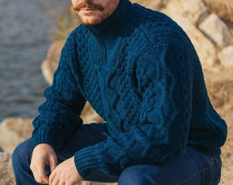 Aran Fisherman Traditional Half Zip Sweater Cardigan, 100% Merino Wool Cable Knit Cardigan for Men in Three Colors, Made in Ireland