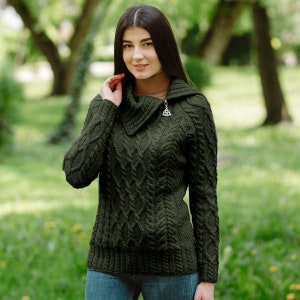 SAOL Irish Aran Traditional Half Zipper Neck Sweater for Women, Fisherman Turtleneck Zipped Jumper for Women, 100% Merino Wool Sweater image 1