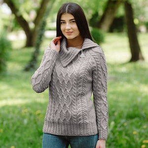 Irish Aran Cable Knit Sweater for Ladies, Fisherman Traditional Turtleneck Half Zipped Jumper for Women, 100% Irish Merino Wool Sweater Gray