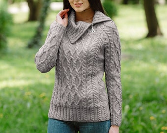 Irish Aran Cable Knit Sweater for Ladies, Fisherman Traditional Turtleneck Half Zipped Jumper for Women, 100% Irish Merino Wool Sweater