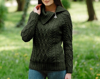 SAOL Irish Aran Pull traditionnel à demi-fermeture éclair pour femme, pull pêcheur à col roulé zippé pour femme, pull 100 % laine mérinos