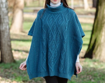 Saol Aran Cable Cowl Neck Poncho, 100% Pure Merino Wool Fisherman Shawl For Ladies, Made In Ireland, Warm And Comfortable