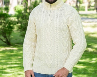 Traditional Aran Fisherman Cable Knit Winter Ireland Sweater — 100% Premium Merino Wool Half Zipped Jumper — Soft & Warm Knitted Pullover
