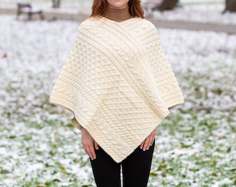 Fisherman Aran Cable Knit Poncho for Women, Irish Traditional Shawl for Ladies,  100% New Virgin Wool, Made in Ireland