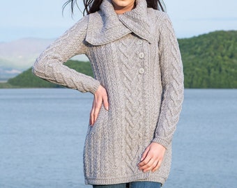 Aran Classic Irish Coatigan with Pockets, Fisherman Cable Knit Coat, 100% Merino Wool Ireland Cardigan, Oversized Knit Cardigan