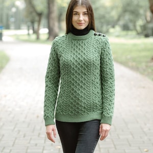 Aran Fisherman Irish Side Button Sweater Jumper, 100% Merino Wool Cable Knit Sweater, Crew Neck Traditional Sweater for Women in Four Colors image 2