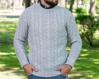 Irish Aran Sweater, Merino Wool Blend Fisherman Sweater, Mens Traditional Aran Sweater, Cable Knit Pullover - Irish Aran Knitting