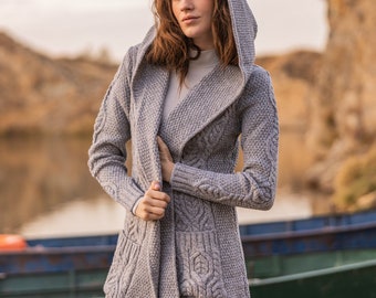 Irish Fisherman Aran Classic Fit Long Cardigan w/ Pockets and Hood: 100% Merino Wool Jacket - Soft & Warm Knit Coatigan - Irish Wool Coat