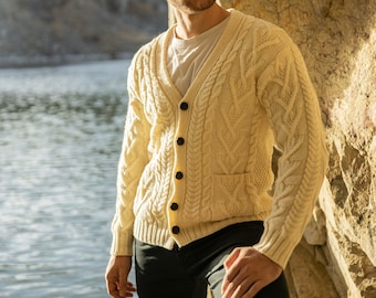 Aran Irish Cable Knit V Neck Casual Ireland Cardigan with Buttons and Pockets: 100% Merino Wool Jacket - Soft & Warm Sweater