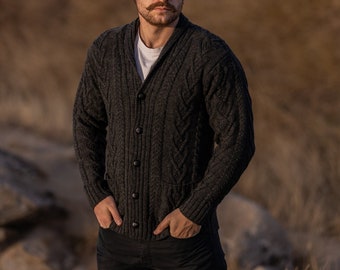 Aran Fisherman Cable Knit Shawl Collar Casual Cardigan with Buttons and Pockets: 100% Irish Merino Wool Jacket - Soft & Warm Jacket