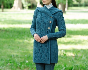 SAOL Aran Leaf Coat Cardigan for Women, Double Breasted Buttoned Cardigan with Hood for Lady, 100 Pure Merino Wool Coat,  Made in Ireland