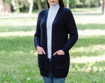 Irish Fisherman Aran Icon Ladies Cardigan, Open Front Cardigan with Pockets Women, Premium Quality Merino Wool Cardigan, Made in Ireland