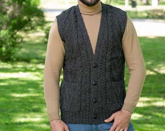 Aran Irish Vest with Buttons & Pockets for Men, 100% Merino Wool Knit Waistcoat, Sleeveless Knit Open Cardigan, Made in Ireland