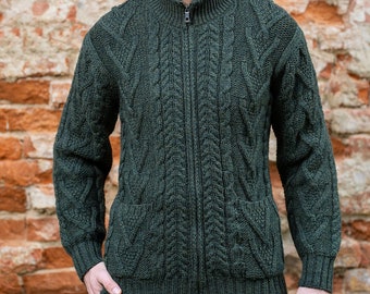 Fisherman Aran Traditional Merino Sweater With Pockets — 100% Merino Wool Knit Ireland Jacket — Soft and Warm Jacket — Irish Aran Cable Knit