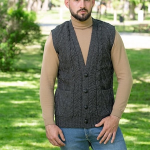 Aran Irish Vest with Buttons & Pockets for Men, 100% Merino Wool Knit Waistcoat, Sleeveless Knit Open Cardigan, Made in Ireland image 1