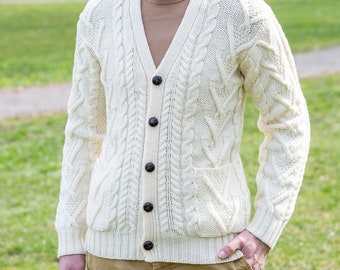 Aran Irish Cable Knit V Neck Casual Ireland Cardigan with Buttons and Pockets — 100% Merino Wool Jacket — Soft & Warm Sweater