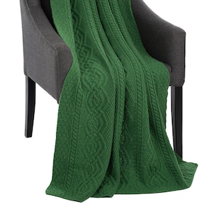 Aran Traditional Irish Heavyweight Throw 100% Merino Wool Cable Knit Fisherman Blanket Wool Cable Knit Knee Blanket Made in Ireland Green