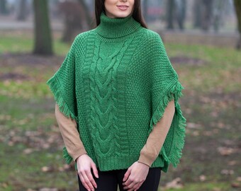 Fisherman Aran Poncho Cape for Ladies — Irish Cowl Neck Wool Knit Mantle  for Women: 100% Merino Wool — Irish Knitting | One Size