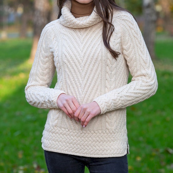 Aran Irish Sweater, 100% Merino Wool Blend Fisherman Sweater, Irish Womens Traditional Sweater, Turtle Neck Cable Knit Pullover