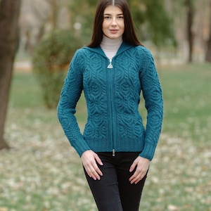 Saol Aran Cardigan With Hood, Cable Knitted Fully Zipped Up Long Sweater, 100% Pure Merino Wool, Made In Ireland