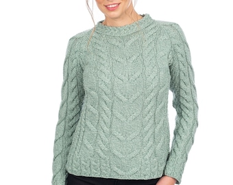 Traditional Fisherman Super Soft Merino Ladies M/C Raglan Sweater, 100% Pure Merino Wool Jumper, Made In Ireland