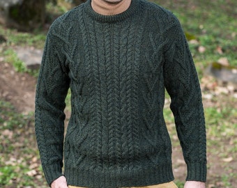 Saol Irish Aran Sweater for Men, 100% Merino Wool Fisherman Sweater,  Crew Neck Cable Knit Sweater, Ireland Knitted Jumper, Made in Ireland