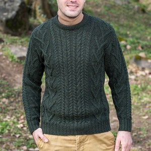 Saol Irish Aran Sweater for Men, 100% Merino Wool Fisherman Sweater,  Crew Neck Cable Knit Sweater, Ireland Knitted Jumper, Made in Ireland