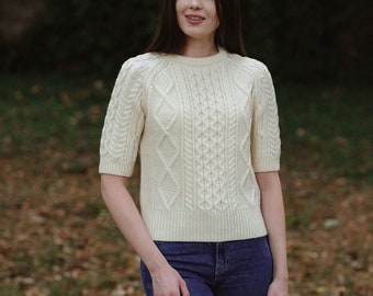 Aran Fisherman Short Sleeve Sweater Pullover, Merino Wool Cable Knit Sweater for Ladies, Fisherman Crew Neck Jumper Women, Made in Ireland