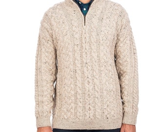 Traditional Aran Quarter Zip Merino Sweater, 100% Worsted Wool Fisherman Jumper, Made In Ireland