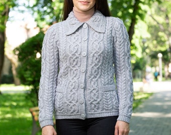 Fisherman Aran Ireland Cardigan: 100% Merino Wool — Irish Aran Knit Jacket for Women —  Button Closure | Side Pockets
