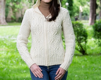 Irish Wool Soft & Warm Sweater — Aran Hooded Trinity Knot Zipped Ireland Cardigan — 100% Merino Wool Knit Jacket