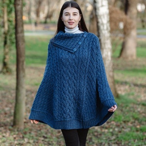 Irish Aran Fisherman Cowl Neck Button Poncho for Ladies, Traditional Three Buttoned Poncho Sweater, 100% Merino Wool Cable Knit Poncho image 1