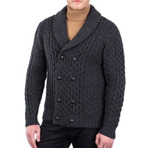 Saol Double Breasted Shawl Cardigan, Merino Wool Cable Knit Cardigan Sweater, Buttoned Shawl V-neck Collar Cardigan for Men, Made in Ireland