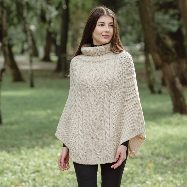 Saol Aran Cowl Neck Wrap Poncho for Women — 100% Irish Merino Wool Cape Shawl — Aran Knit Mantle — Made in Ireland