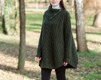 SAOL Fisherman Cowl Neck Button Poncho Ruana for Women,  Aran Irish Three Buttoned Cowl Neck Poncho, 100% Merino Wool Cable Knit Poncho