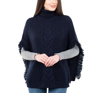 Fisherman Aran Cowl Neck Wool Knit Cape for Women: 100% Merino Wool Beautiful, Soft, Warm, & Durable Poncho Irish Knitting One Size Navy Blue