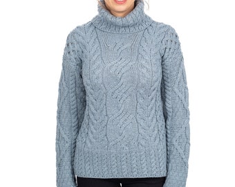 Aran Fisherman Ladies Turtleneck Sweater, Irish 100% Pure Merino Wool Jumper for Women, Cable Knit Merino Pullover, Made In Ireland