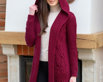 Saol Fisherman Aran Classic Fit Long Cardigan — Merino Wool Hooded Jacket with Pockets  — Soft and Warm Knit Coatigan  — Made in Ireland