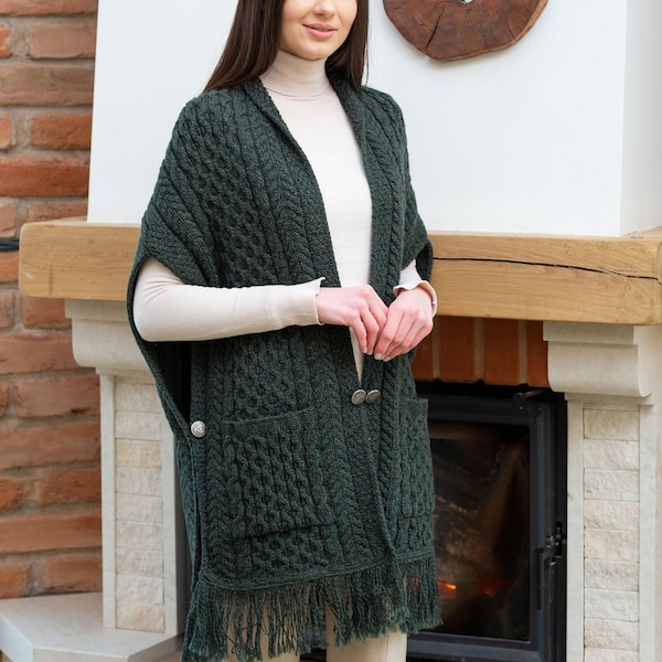 Aran Ireland Shawl for Women — 100% Pure Merino Wool Cape — Soft, Warm, & Comfortable Scarf — Irish Knitting, Fringe Trim, Front Pockets