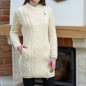 Saol Aran Traditional Merino Wool Coatigan, Fisherman Celtic Zipped Cardigan With Front Pockets, Pure Quality Merino Wool Long Sweater