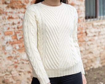 Aran Traditional Crew Neck Ribbed Sweater for Women, 100% Merino Wool Cable Knit Jumper, Fisherman Irish Knit Pullover, Made in Ireland