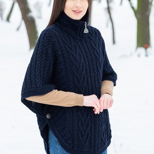 SAOL Aran Funnel Neck Zip Poncho Jacket for Women 100% Merino Wool Cable Knitted Cardigan Poncho Irish Aran Knitting Side Pockets image 1