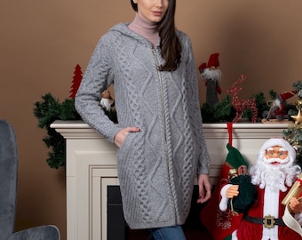 Fisherman Aran Long Ireland Cardigan with Front Pockets for Women— 100% Irish Merino Wool  — Soft, Warm and Comfortable Zip Jacket